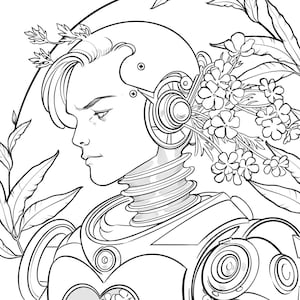May include: A black and white line drawing of a person with a robotic neck and a flower crown. The person has short hair and is looking down. The drawing is in a circular frame.
