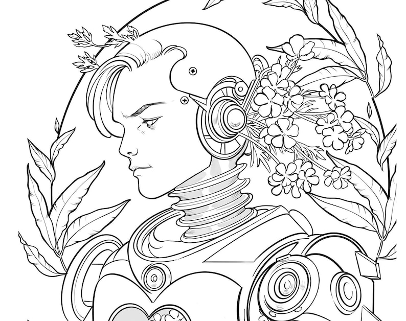 May include: A black and white line drawing of a person with a robotic neck and a flower crown. The person has short hair and is looking down. The drawing is in a circular frame.