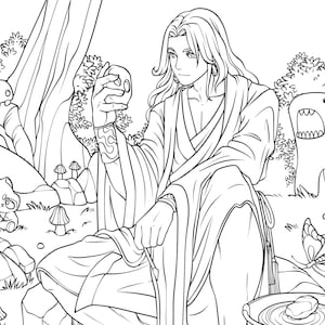 May include: A black and white line drawing of a person in a long robe holding a skull. The person is sitting in a forest setting with mushrooms and other plants around them.
