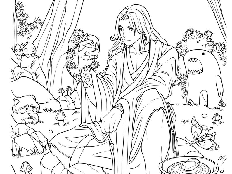 May include: A black and white line drawing of a person in a long robe holding a skull. The person is sitting in a forest setting with mushrooms and other plants around them.