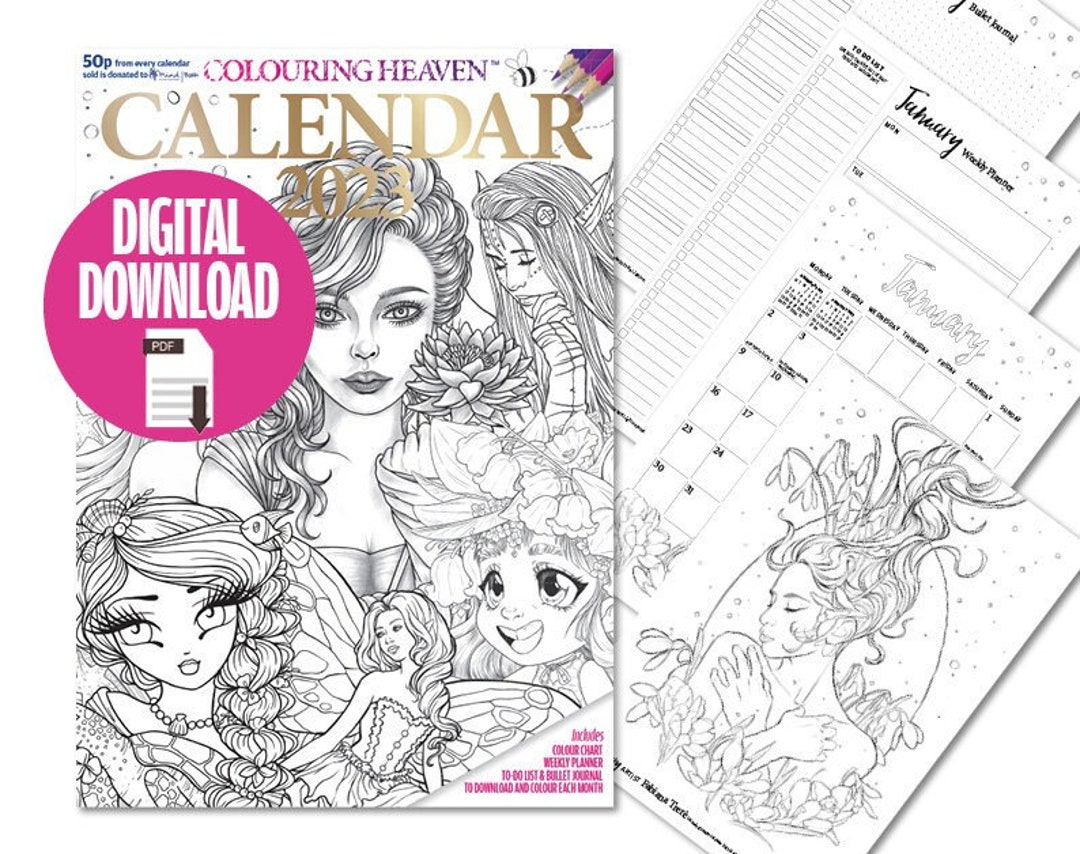 Colouring Heaven Calendar 2023 digital Download PDF Calendar & Diary