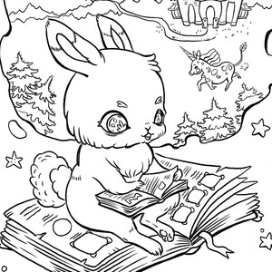 May include: A black and white line drawing of a rabbit sitting on a stack of books. The rabbit is looking up at a cloud with a castle and a unicorn inside. The cloud has stars around it.