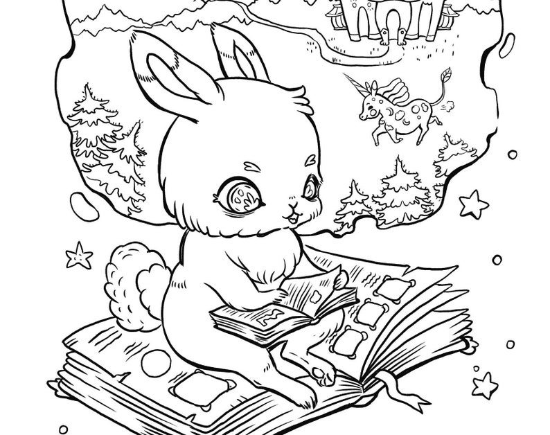 May include: A black and white line drawing of a rabbit sitting on a stack of books. The rabbit is looking up at a cloud with a castle and a unicorn inside. The cloud has stars around it.