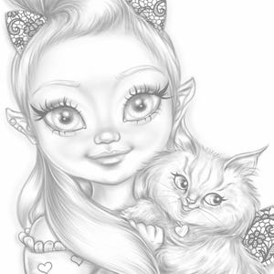 Puede incluir: Un dibujo a l&aacute;piz en blanco y negro de una ni&ntilde;a joven con ojos grandes y orejas puntiagudas, que lleva una diadema de encaje y sostiene un gato esponjoso con un dije en forma de coraz&oacute;n alrededor de su cuello.