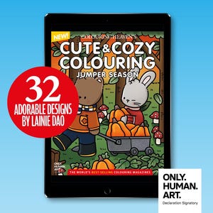 May include: A digital tablet displaying the Colouring Heaven Cute & Cozy Colouring Jumper Season magazine cover. The illustration features a bear and a rabbit with pumpkins in a forest. A red circular badge states 32 Adorable Designs By Lainie Dao.