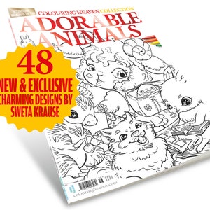 May include: A magazine cover featuring a colorful illustration of adorable animals. The cover is titled "Adorable Animals" and features the text "48 New & Exclusive Charming Designs by Sweta Krause".