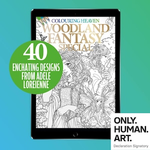 Puede incluir: Una tableta digital que muestra la portada de un libro para colorear con el título "Woodland Fantasy Special" y un círculo verde con el texto "40 Enchanting Designs from Adele Loreienne". La portada presenta una ilustración en blanco y negro de tres hadas en un entorno de bosque.