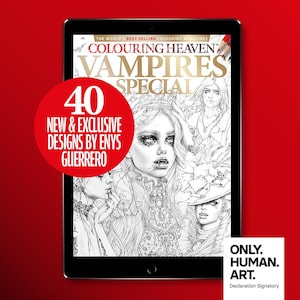 Op de afbeelding: Een digitale tablet toont de cover van een kleurboek getiteld "Colouring Heaven Vampires Special". De cover bevat gedetailleerde zwart-wit illustraties van vampiers. Een rode cirkel benadrukt "40 New & Exclusive Designs by Enys Guerrero."