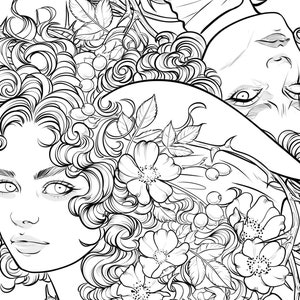 May include: Black and white line art illustration of two women with curly hair, surrounded by flowers and leaves. The women are looking at the viewer.