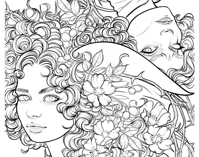 May include: Black and white line art illustration of two women with curly hair, surrounded by flowers and leaves. The women are looking at the viewer.