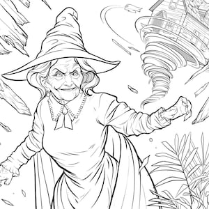 May include: A black and white line drawing of a witch with a pointed hat and a long, flowing robe. She is holding a house in her hand, and a tornado is swirling around her. The house is being lifted into the air by the tornado.