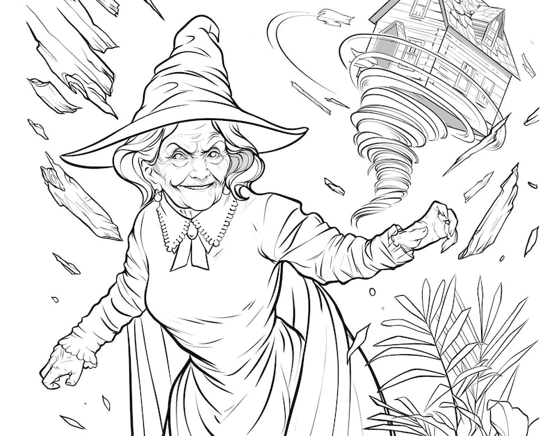 May include: A black and white line drawing of a witch with a pointed hat and a long, flowing robe. She is holding a house in her hand, and a tornado is swirling around her. The house is being lifted into the air by the tornado.