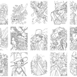 May include: A collection of 12 black and white illustrations featuring women wearing hats and other whimsical elements. The illustrations are in a vintage style and would be perfect for coloring books, greeting cards, or other creative projects.