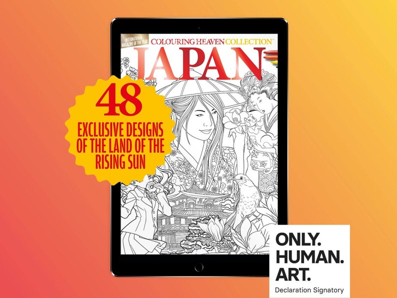 May include: A black and white coloring book cover featuring a Japanese woman in traditional clothing. The cover text reads "Japan Coloring Heaven Collection" and "48 Exclusive Designs of the Land of the Rising Sun".
