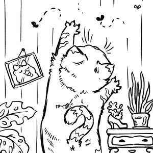 May include: A black and white line drawing of a cat stretching with its paws raised above its head. The cat is standing in front of a mirror with a reflection of the cat inside. There are butterflies flying around the cat and a potted plant in the background.