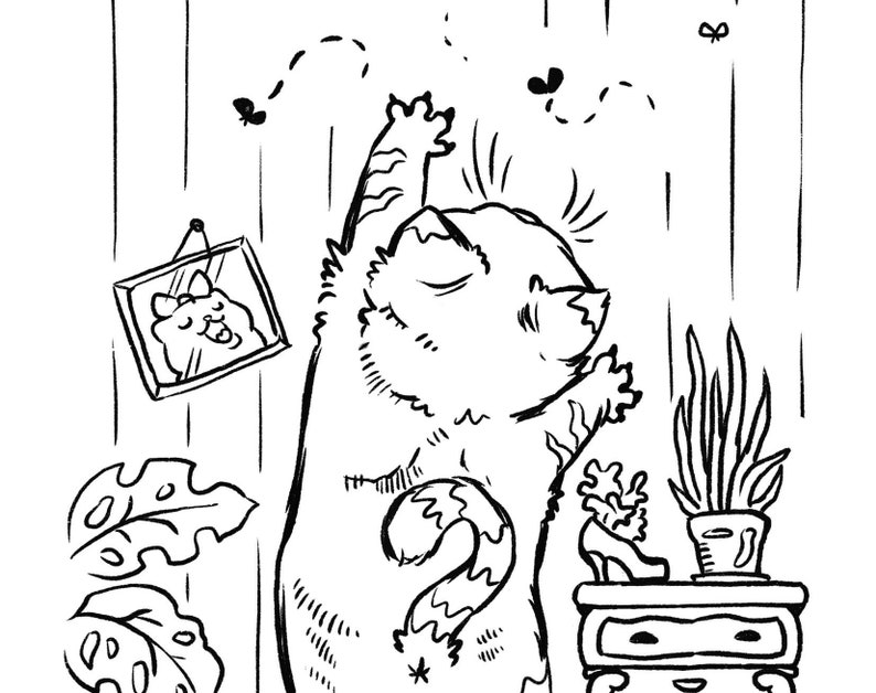 May include: A black and white line drawing of a cat stretching with its paws raised above its head. The cat is standing in front of a mirror with a reflection of the cat inside. There are butterflies flying around the cat and a potted plant in the background.