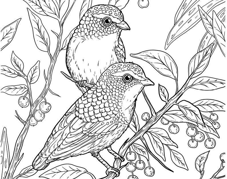Pu&ograve; includere: Un disegno in bianco e nero di due uccelli appollaiati su un ramo con bacche. Gli uccelli hanno piume dettagliate e sono rivolti in direzioni diverse.