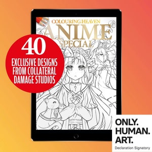 May include: A tablet displaying a black and white colouring book cover with the title "Colouring Heaven Anime Special" and the number "40 Exclusive Designs from Collateral Damage Studios".