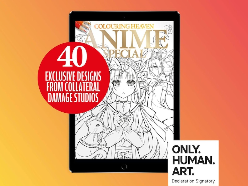May include: A tablet displaying a black and white coloring book cover with the title "Colouring Heaven Anime Special" and the number "40 Exclusive Designs from Collateral Damage Studios".