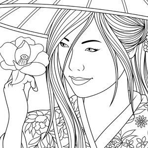 May include: A black and white line drawing of a woman wearing a traditional Japanese hat and kimono. She is holding a flower in her hand and has a gentle smile on her face.