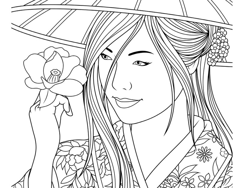 May include: A black and white line drawing of a woman wearing a traditional Japanese hat and kimono. She is holding a flower in her hand and has a gentle smile on her face.
