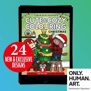 Può includere: Un tablet mostra la copertina di un libro da colorare a tema natalizio con il testo "Cute & Cozy Colouring Christmas". La copertina presenta personaggi dei cartoni animati che decorano un albero di Natale. Un cerchio rosso con "24 New & Exclusive Designs" è a sinistra.