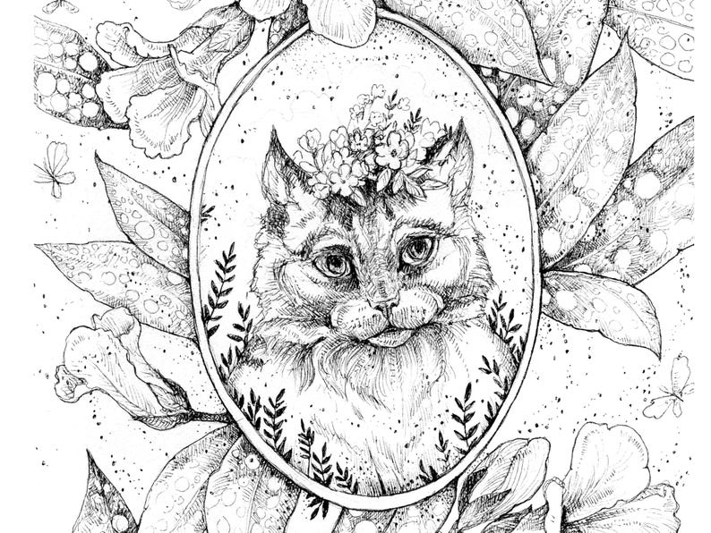 Puede incluir: Un dibujo en blanco y negro de un gato con una corona de flores, enmarcado en un c&iacute;rculo. El gato est&aacute; rodeado de hojas y flores.