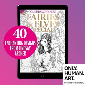 Peut inclure: Une tablette numérique affiche la couverture d'un livre de coloriage intitulé "Fairies & Elves Special". La couverture présente des illustrations détaillées de fées et d'elfes. Un cercle rose met en évidence "40 Enchanting Designs From Lindsay Archer."