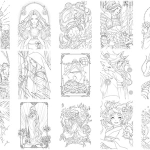 May include: A set of ten black and white coloring pages featuring various characters and scenes. The characters are drawn in a manga style and include a variety of female figures, some with animal companions. The scenes include a woman in a forest, a woman with a dragon, and a woman with a fox.