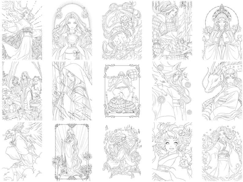May include: A set of ten black and white coloring pages featuring various characters and scenes. The characters are drawn in a manga style and include a variety of female figures, some with animal companions. The scenes include a woman in a forest, a woman with a dragon, and a woman with a fox.