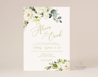 WEDDING INVITATION SUITE Template | Elegant Rose Wedding Invitation Template Set | White Floral Invites | 3 Sizes | Try Before You Buy | A04