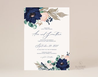 WEDDING INVITATION SUITE Template | Navy Blue and Pink Blush Wedding Invitation Templates | Instant Download Template  I  A02