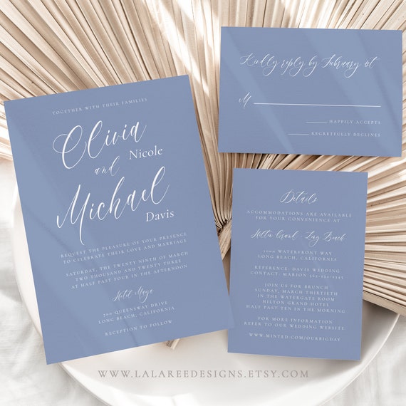 OLIVIA DUSTY BLUE Elegant Wedding Invitation Set Template, 100.