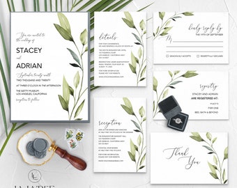 Simple Modern Greenery Wedding Invitation Template Set, Wedding Invitation Suite, Wedding Invite, Instant Download, Printable, Templett