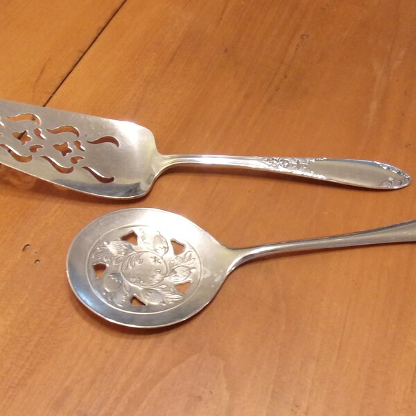 Two Serving Items Italian Silverplate Slotted Spoon and National Silver Slotted Cake Dessert Pie Server