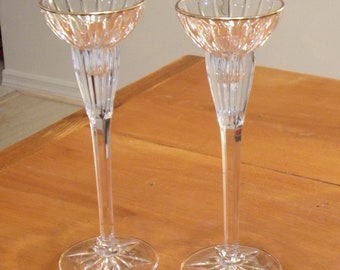 A Pair of Tall Elegant European Clear Glass Crystal Candleholders Candlesticks with Gilt Trim and Fluted Decoration 8 3/4" Tall