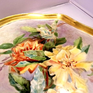 Large Antique Wm Guerin Limoges France Porcelain Serving Tray Platter 17&quot; x 13&quot; Hand-Painted Floral Pattern Gold Border 1911