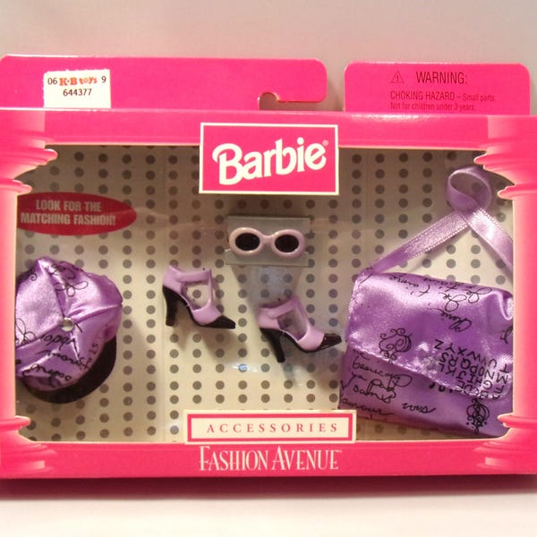 Mattel Barbie Fashion Avenue Accessories 1990s MIB 20963 - Satin Purple Bag, Cap and Shoes Boxed
