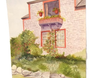 An Original Colorful Watercolor by Artist Priscilla Belanger -  Signed - Monhegan Home in Maine