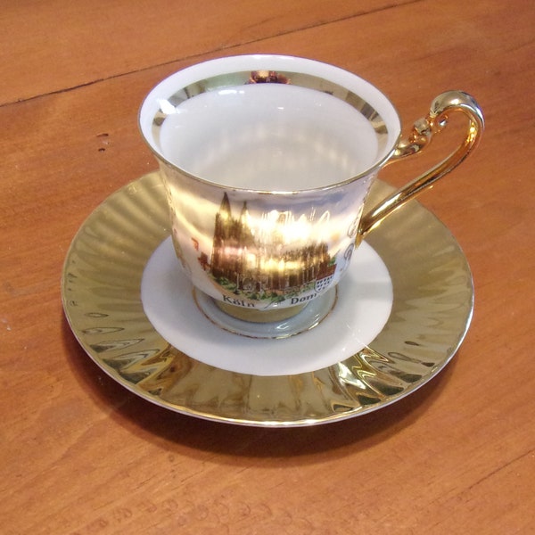 Vintage Bareuther Waldsassen Bavaria Fine Bone China Demitasse Cup and Saucer Gold and White Koln Motif