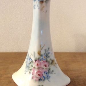 Limoges French Candleholder Candlestick with Painted Floral Pattern and Gold Trim 7&quot; Tall Pink and Blue Flowers France