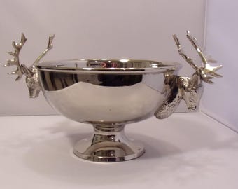 Vintage Silverplate Pedestal Bowl with Two Mounted Stag Heads 5 1/2&quot; tall