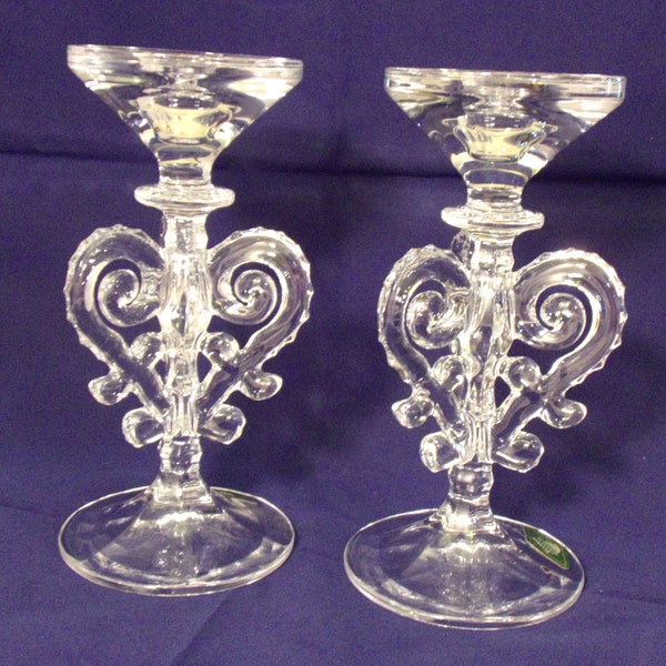 A Pair of Elegant Shannon Crystal Glass Candlesticks Taper Holders with Ornate Scroll Design    6 3/4" Tall