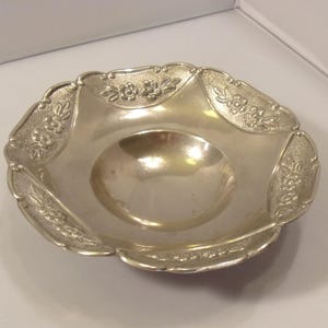 Vintage Pewter Footed Dish or Bowl with Cast Floral Border Design 6 3/4&quot; Diameter
