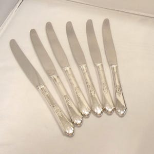 Set of Six Vintage Silverplate Long Blade Dinner Knives  9&quot; long Simeon L George H Rogers Encore 1936 Pattern  KSG8