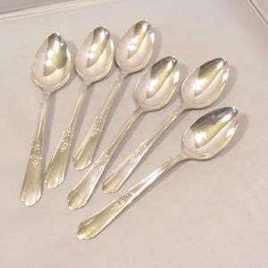 Set of Six Vintage Silverplate Oval Bowl Dinner Soup Spoons 7&quot; long Simeon L George H Rogers Encore 1936 Pattern  567