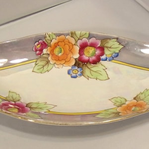 Japanese Lusterware Bone China Oval Dish Iridescent Floral Pattern  12 1/2&quot; x 5 3/4&quot;