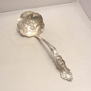 May include: A silver-colored serving spoon with a decorative floral and grape design. The spoon's bowl has a scalloped edge and is adorned with an embossed grape cluster. The handle features detailed floral patterns, adding to its elegant appearance.