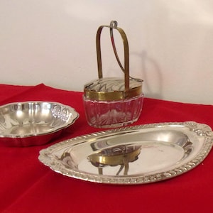 Three Vintage Silverplate Serving Items Forzani Silverplate Glass Jam Pot Hinged Lid, Sheridan Oval Dish and Wm. Rogers Scallop Bowl   FR9