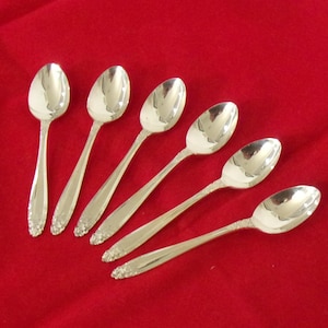 Set of Six 6 Vintage Demitasse Espresso Teaspoons Glossy Nickel Silver Eldan Plate 4 1/2" long ELD15 Prelude Pattern DS6
